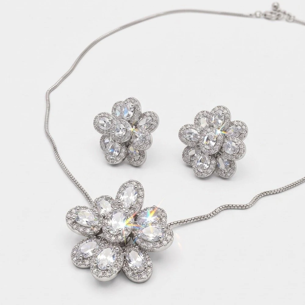 Conjunto maxxi flor cravejado zircônia - ródio, foto 1