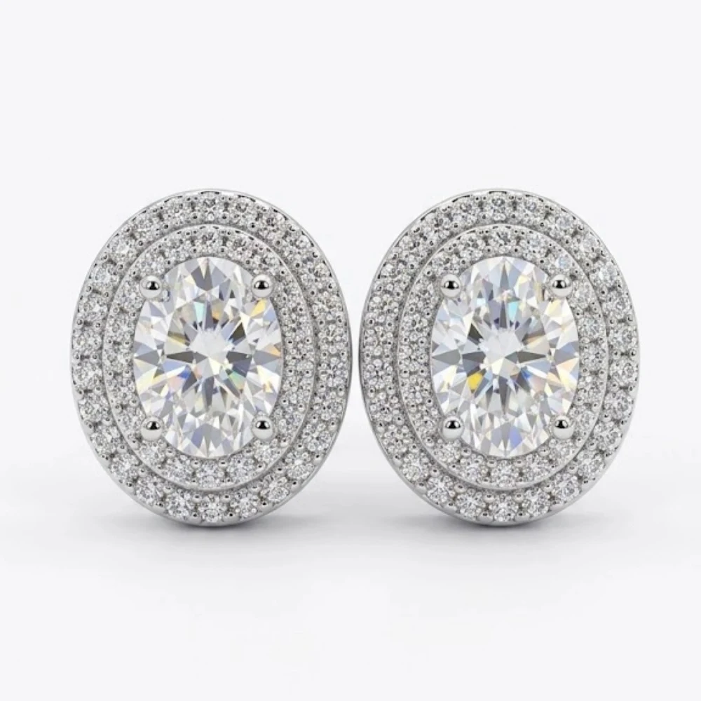 Brinco oval Moissanite 4x6mm duplo cravejado prata 925, foto 1