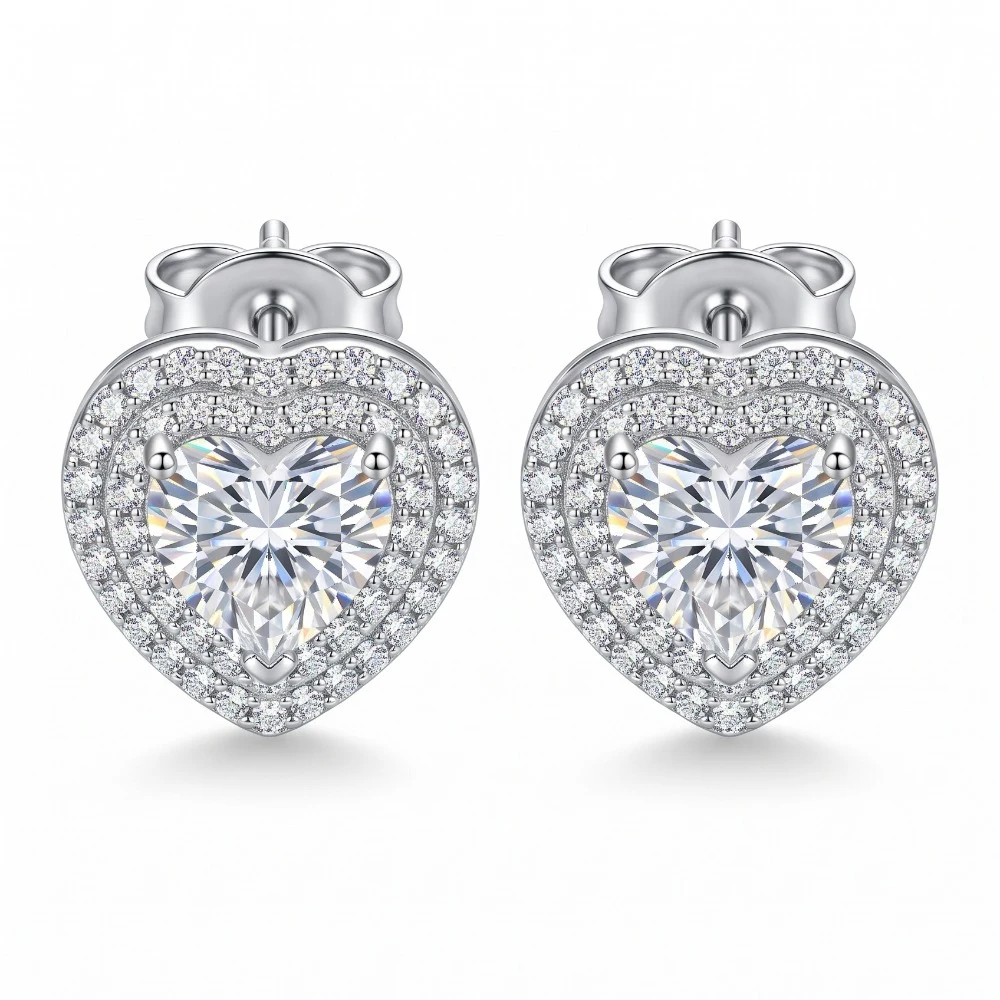 Brinco coração Moissanite 5x5 duplo cravejado 1.0ct prata 925, foto 1
