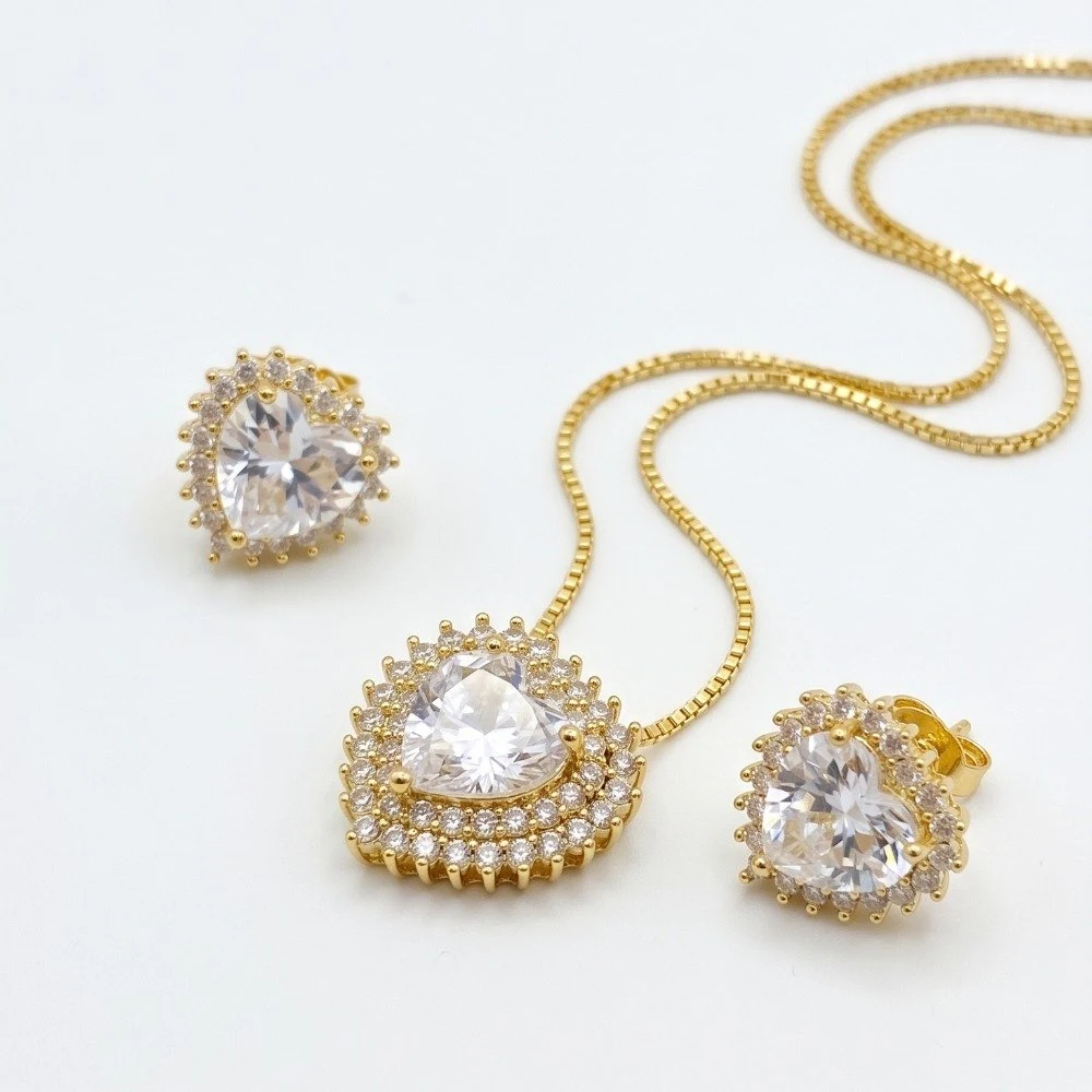 Conjunto coração cravejado zircônia - dourado, foto 1