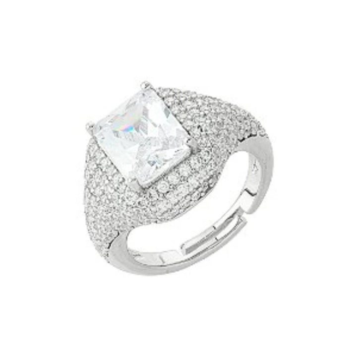 Anel ródio pavê ring cravejado zircônia regulável, Anel Ora Joias